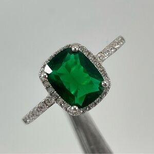Beautiful Dainty Radiant Cut Halo Green Emerald Diamond CZ Silver Plated Ring